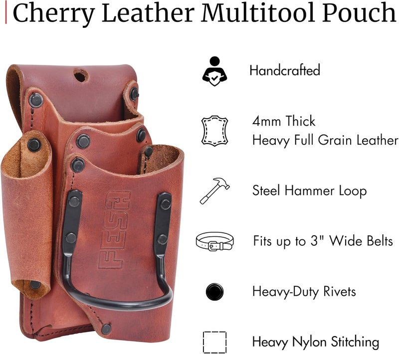 fesa Small Leather Tool Pouch - 5-in-1 Heavy Top Grain Leather Small Tool Pouch with a Steel Hammer Loop, 4 Pockets & Reinforced Heavy Duty Rivets - Fits Belts up to 3" - Handcrafted - Image 2